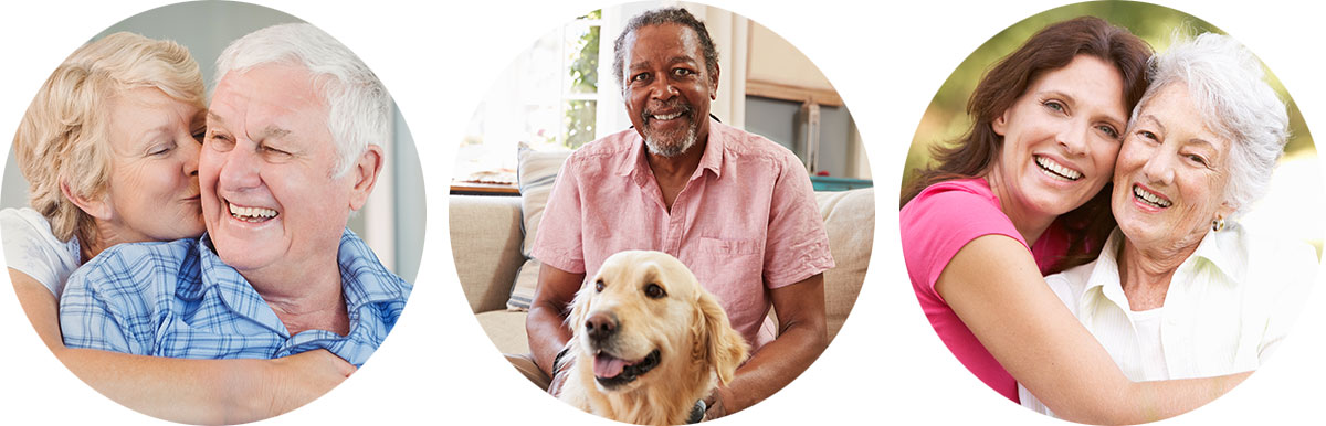 Assisted Living couple, Senior Living Resident with golden retriever, Memory Care resident with daughter